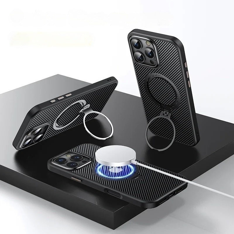 CarbonShield 360: Rotating Stand Magnetic iPhone Case | Reinforced Shockproof Frame