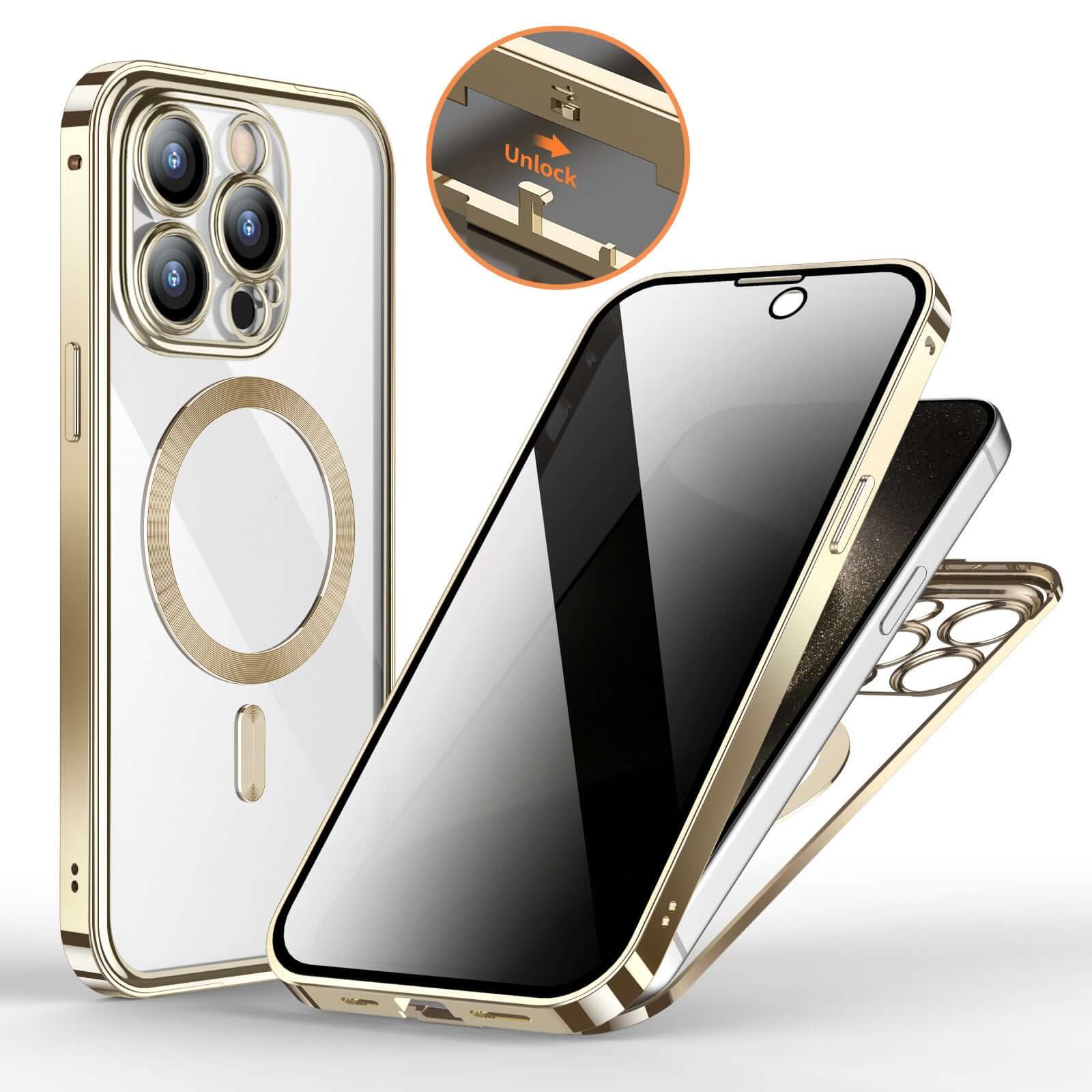 360 iPhone Case Magnetic Charging Electroplated Metal Frame Privacy Tempered Glass MagSafe trending Privacy Phone Case YOLO