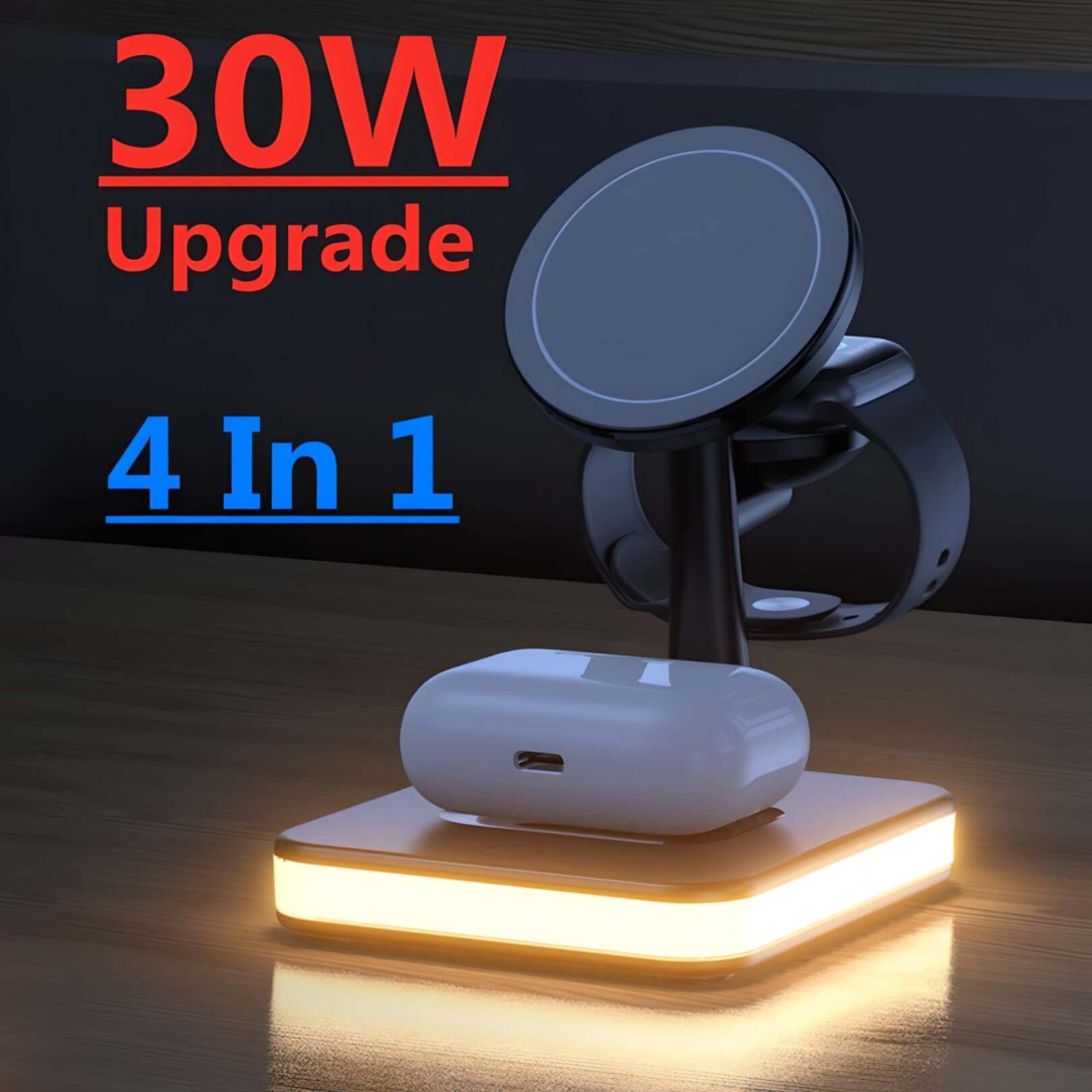 QuadraCharge LED Dock Magnetic Wireless Charging Dock Station Compact 4-in-1 30W Super-Fast Charging LED Phone Stand YOLO