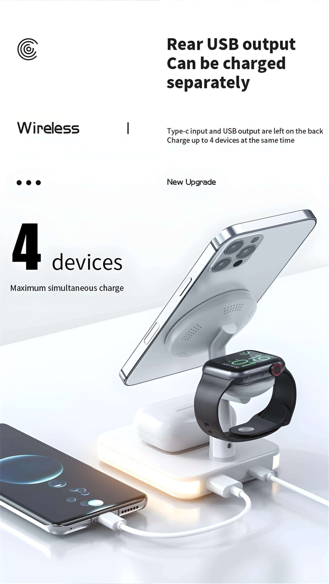 QuadraCharge LED Dock Magnetic Wireless Charging Dock Station Compact 4-in-1 30W Super-Fast Charging LED Phone Stand YOLO